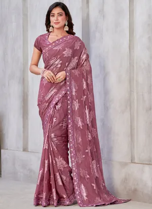 Mauve Mirror Work Embroidery Georgette Jacquard Saree