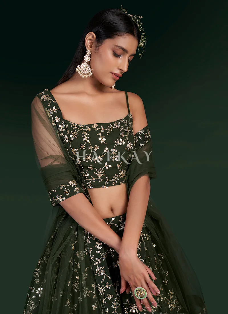 Mehendi Green Mirror Work Embroidery Traditional Lehenga Choli