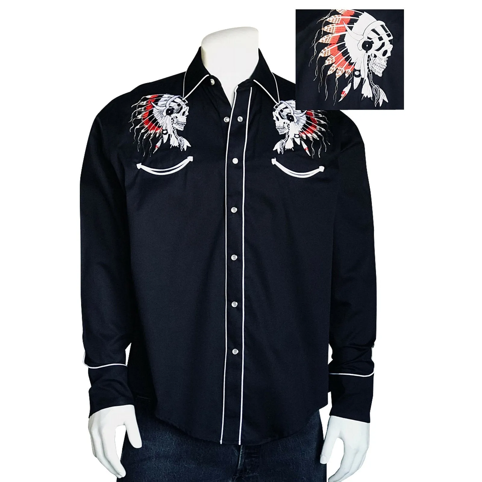 Men's Vintage Western Shirt Collection: Rockmount Fancy Embroidered Chief's Skull