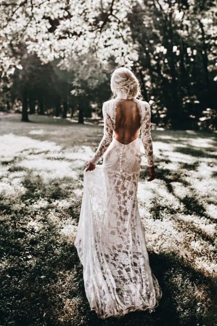 Mermaid High Neck Backless Long Sleeves Sweep Train Lace Wedding Dress OHD069