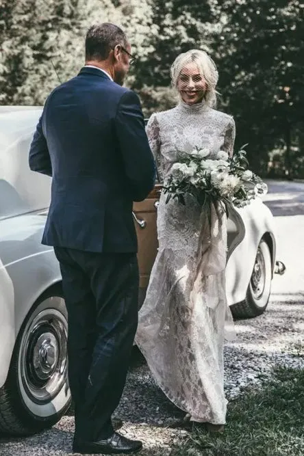 Mermaid High Neck Backless Long Sleeves Sweep Train Lace Wedding Dress OHD069