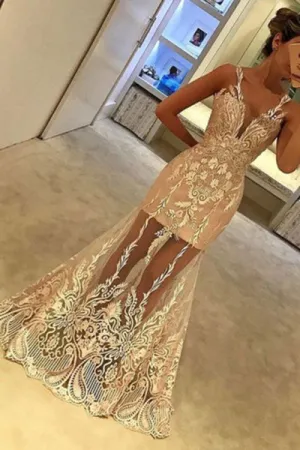 Mermaid V-Neck Floor-Length Sleeveless Ivory Tulle Prom Dress with Appliques P18
