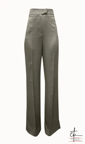 Metallic Green High-Waisted Straight-Leg Pants