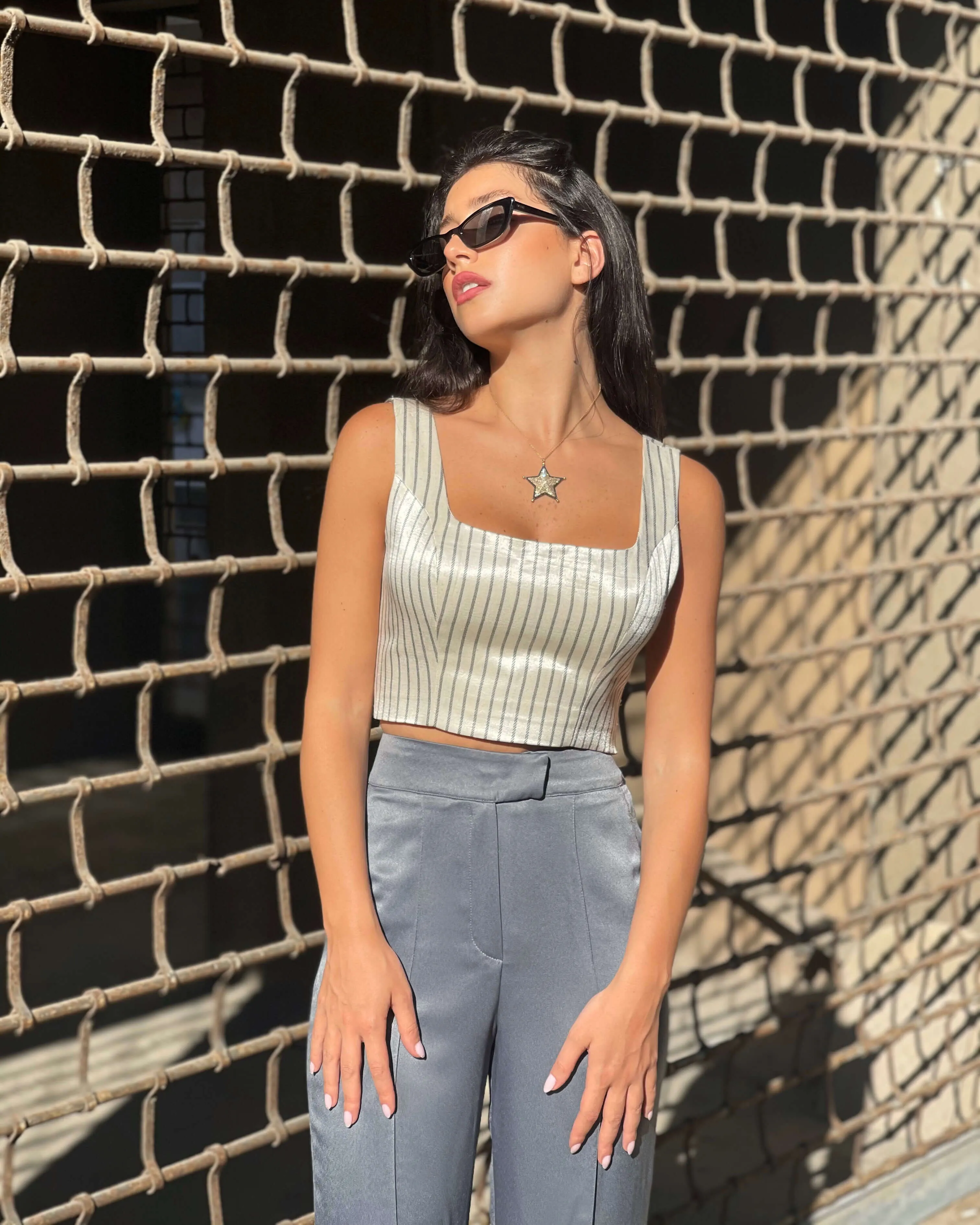 Metallic Green High-Waisted Straight-Leg Pants