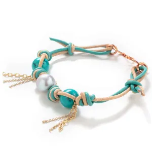 Mexican Turquoise Pearl Gold Chain Rocker Leather Bracelet