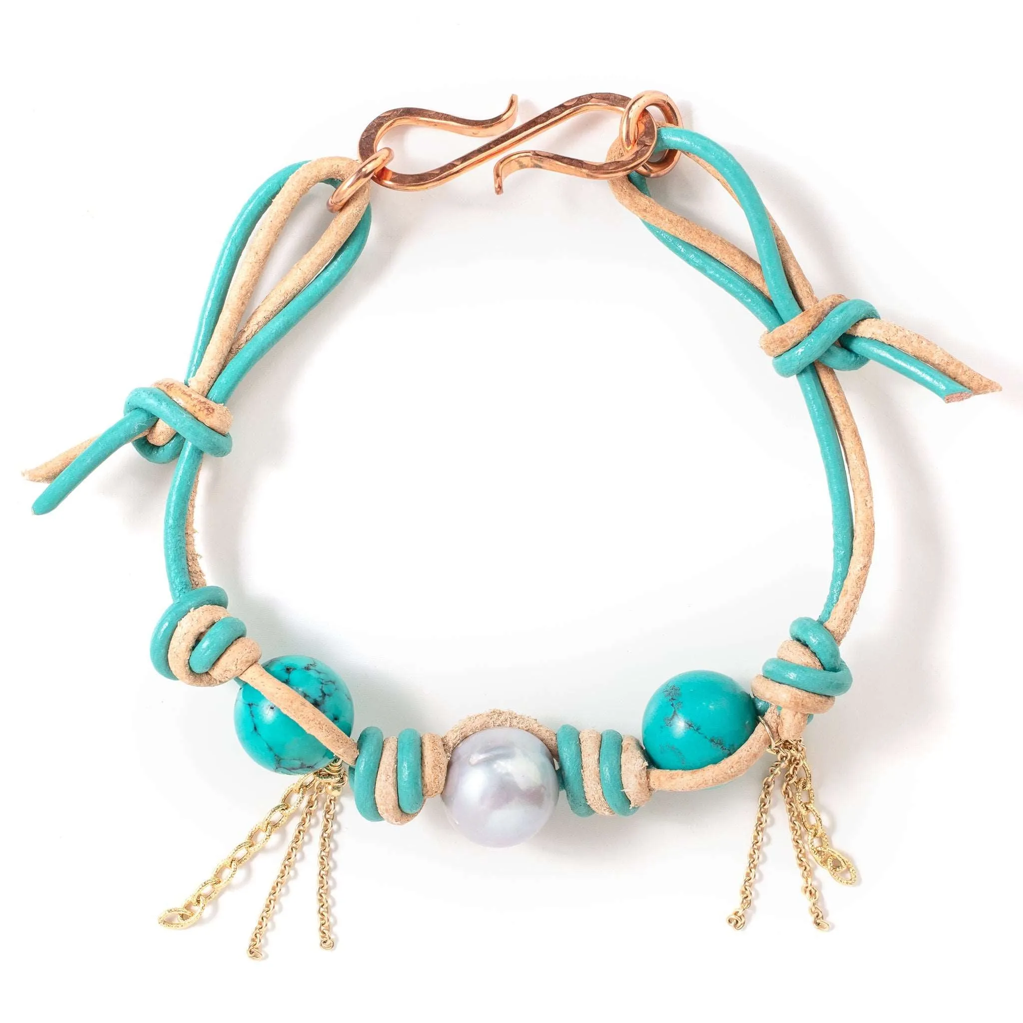 Mexican Turquoise Pearl Gold Chain Rocker Leather Bracelet