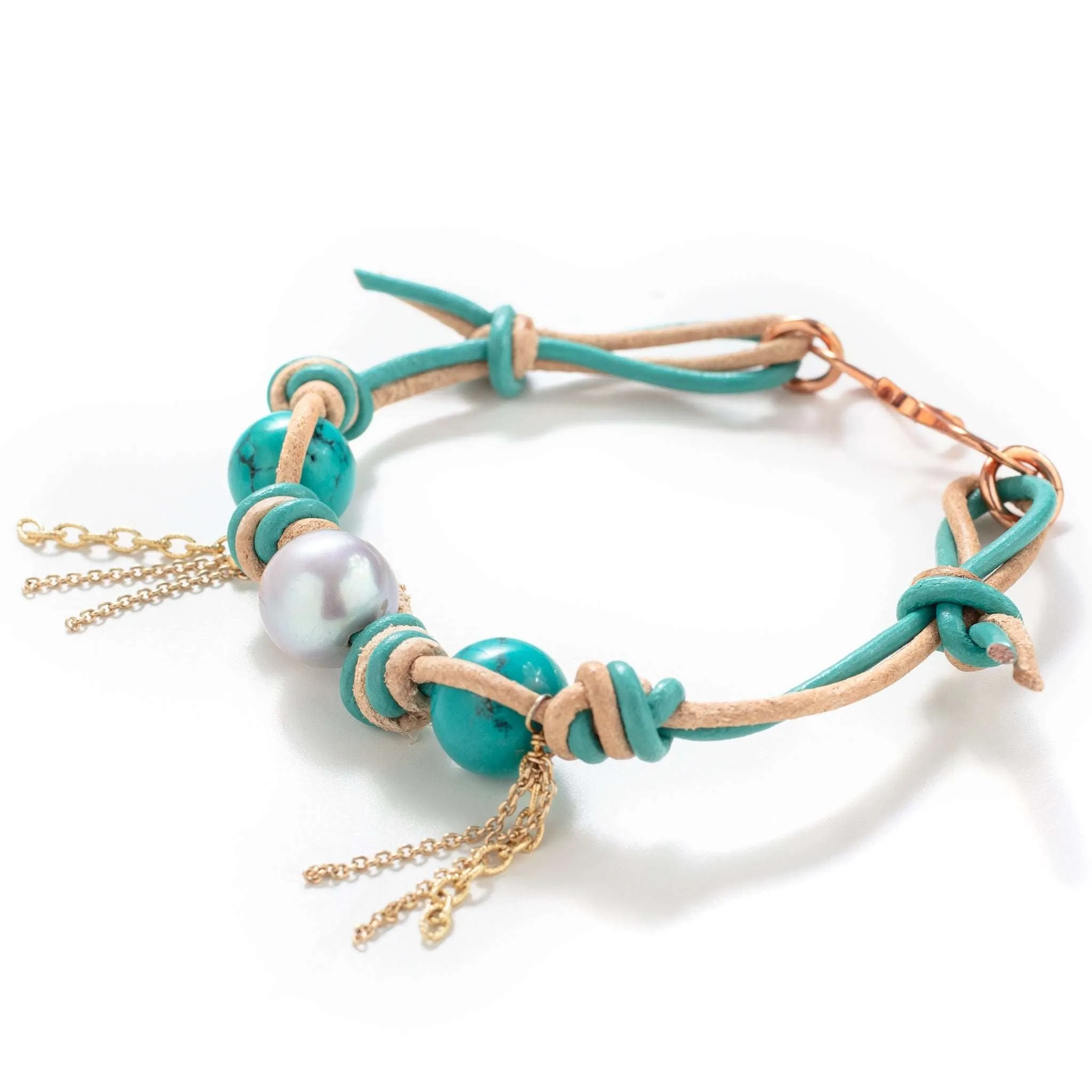 Mexican Turquoise Pearl Gold Chain Rocker Leather Bracelet