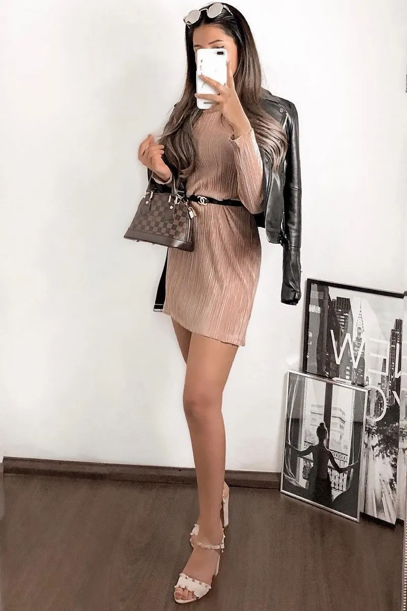 Mocha Plisse High Neck Mini Dress - Marieta