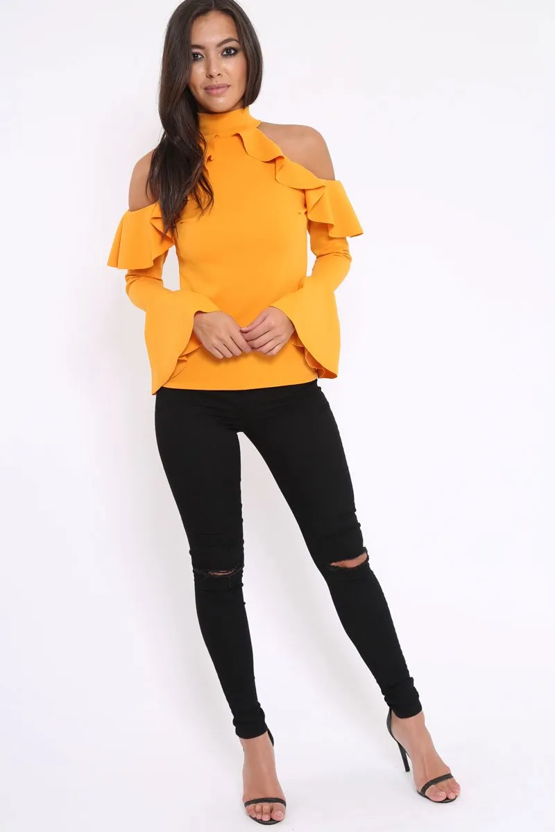 Mustard High Neck Cold Shouldered Frill Top - Stace