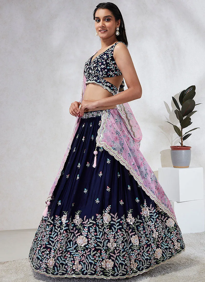 Navy Blue And Purple Multi Embroidery Wedding Lehenga Choli