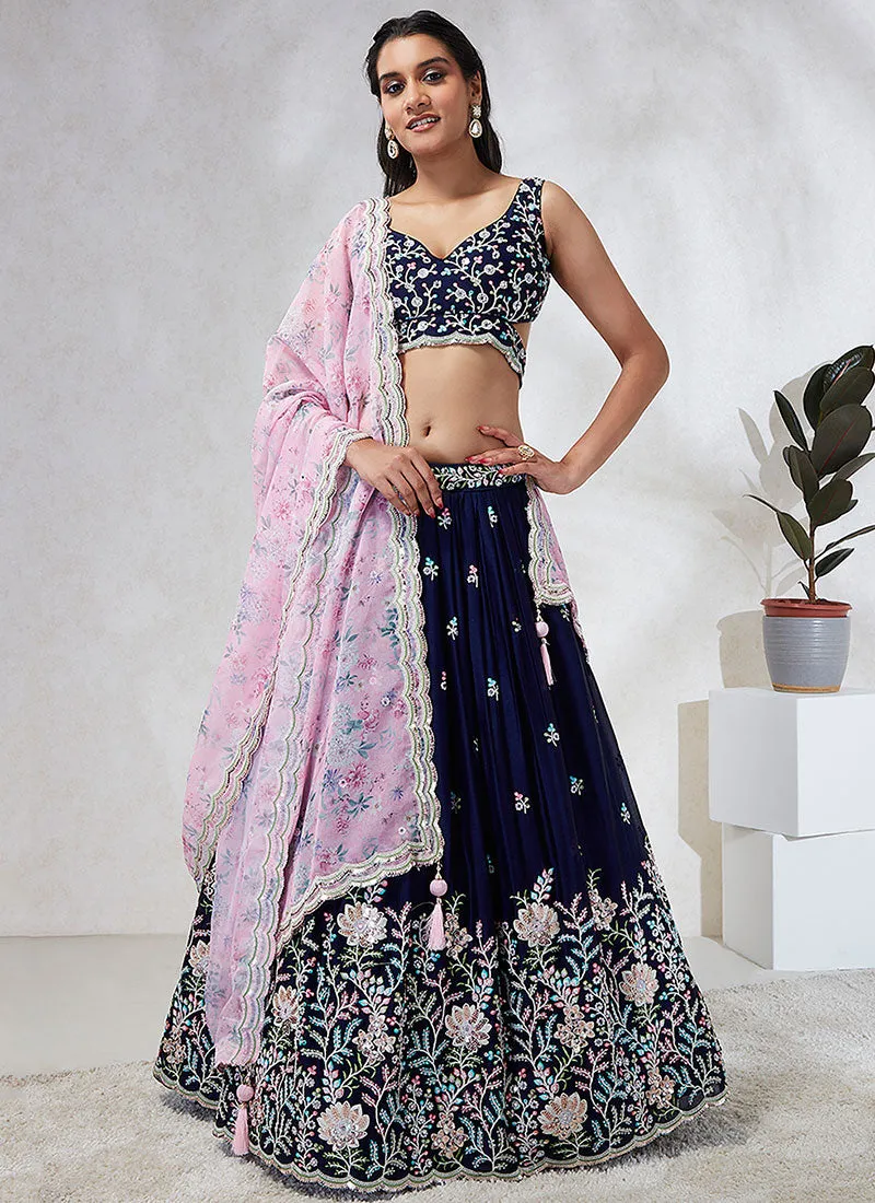 Navy Blue And Purple Multi Embroidery Wedding Lehenga Choli