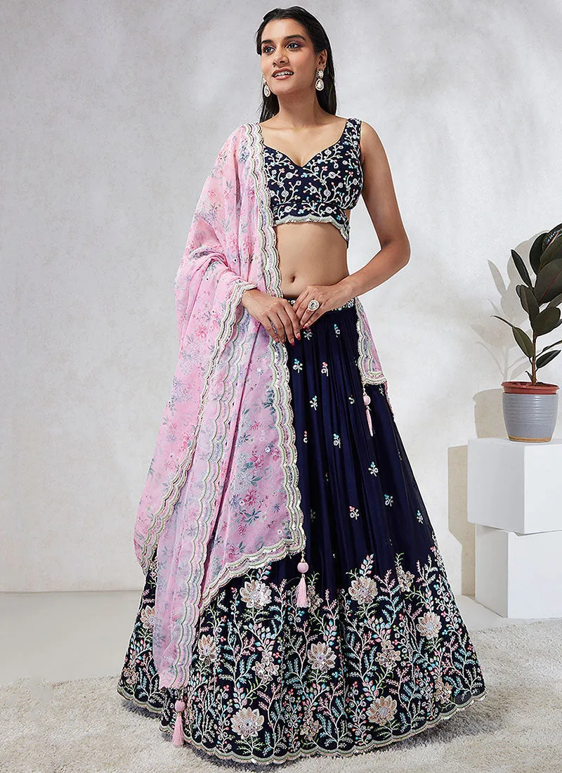 Navy Blue And Purple Multi Embroidery Wedding Lehenga Choli