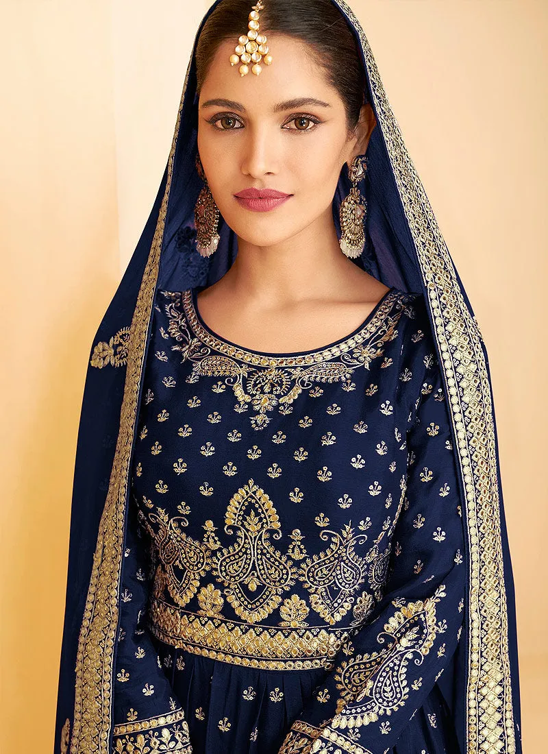 Navy Blue Georgette Embroidered Sharara Style Suit