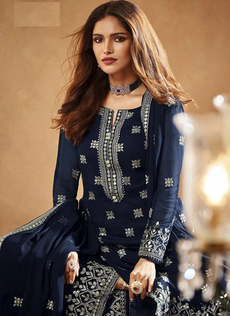 Navy Blue Mirror Embroidered Designer Gharara Suit