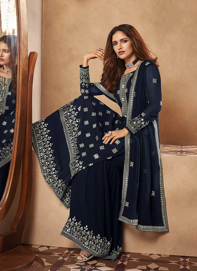Navy Blue Mirror Embroidered Designer Gharara Suit