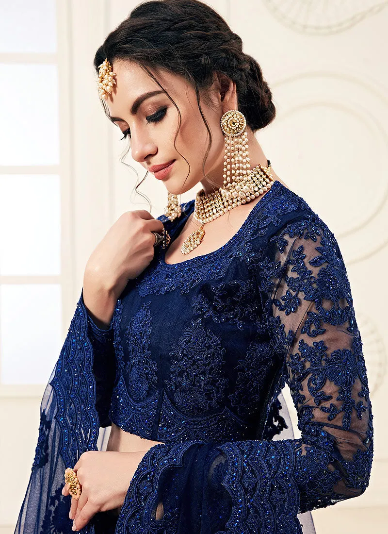 Navy Blue Pearl Embroidered Wedding Lehenga Choli