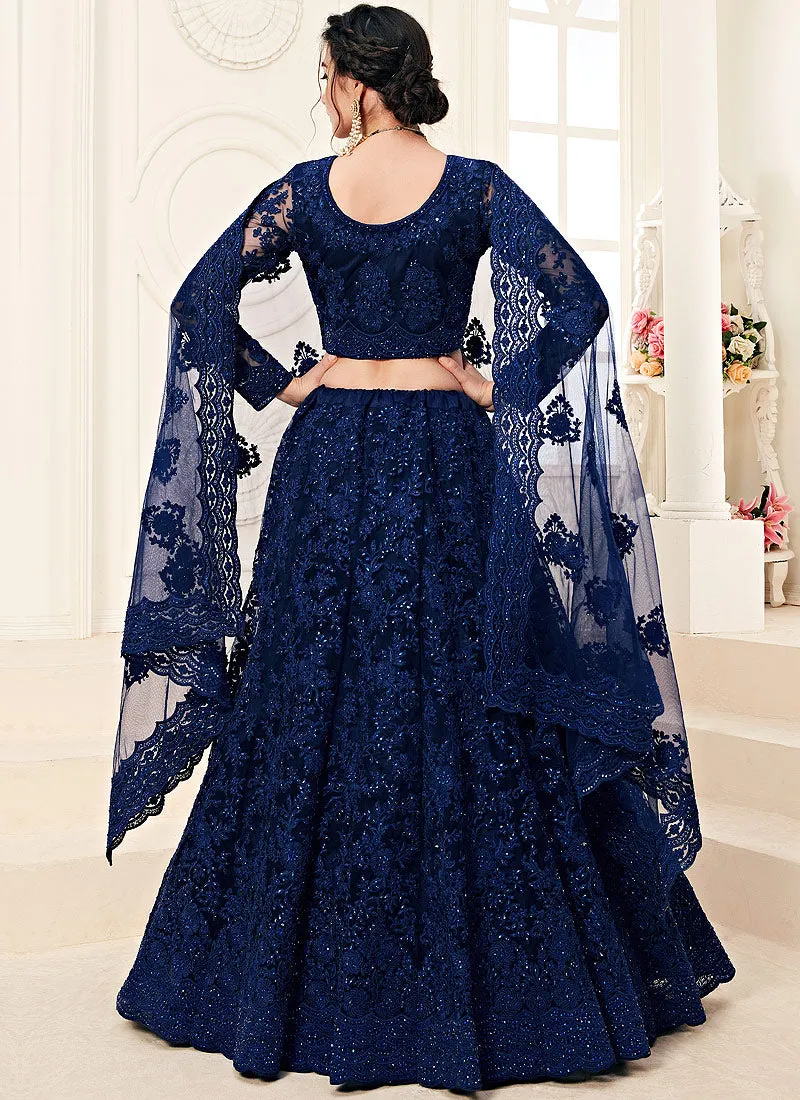 Navy Blue Pearl Embroidered Wedding Lehenga Choli