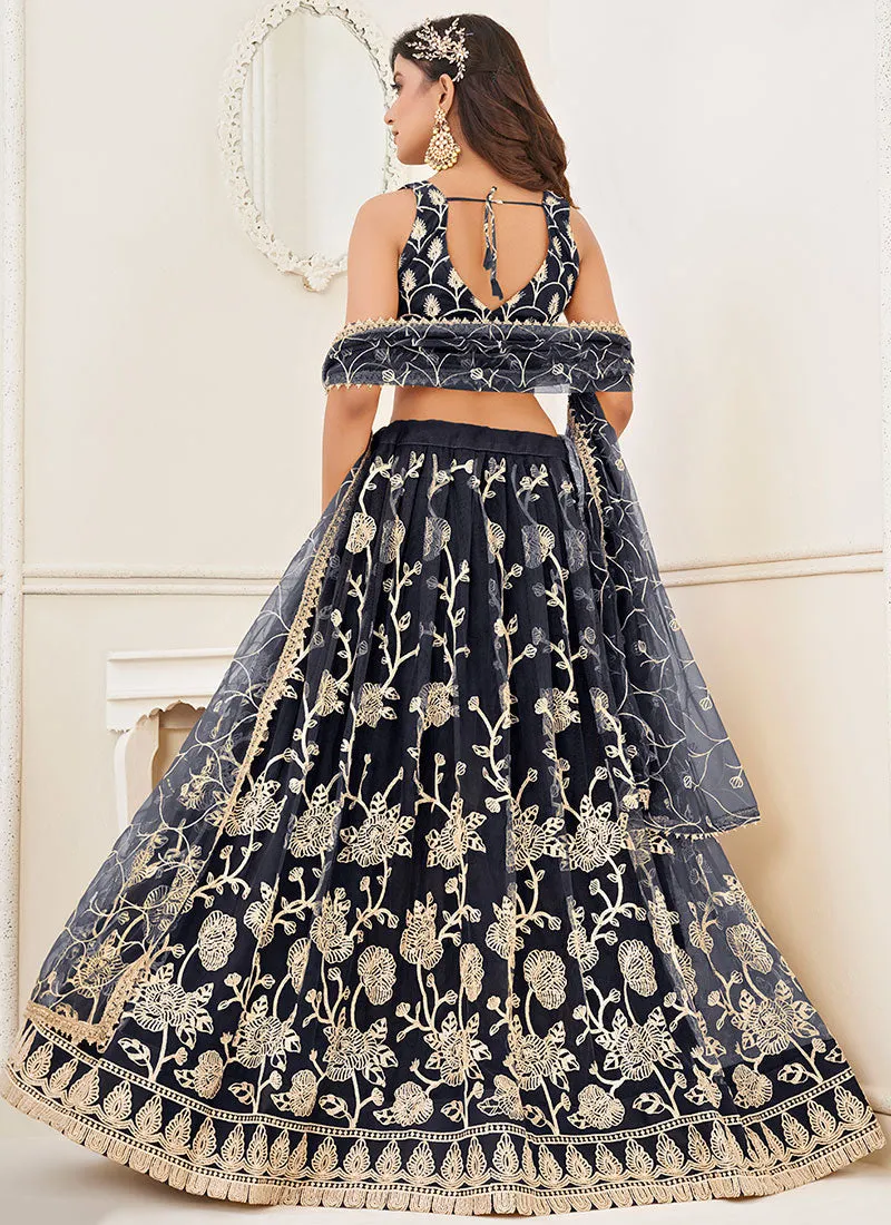 Navy Blue Traditional Embroidered Wedding Lehenga Choli
