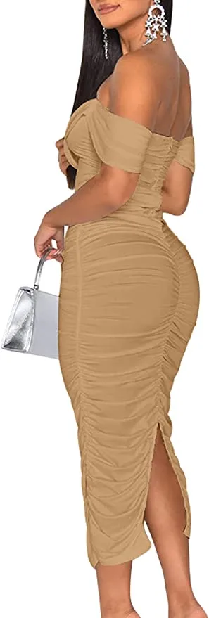 New HOCILLE Women's Sexy Ruched Bodycon Strapless Off Shoulder Midi Club Party Tube Dress in Khaki, lots of stretch, Sz L!