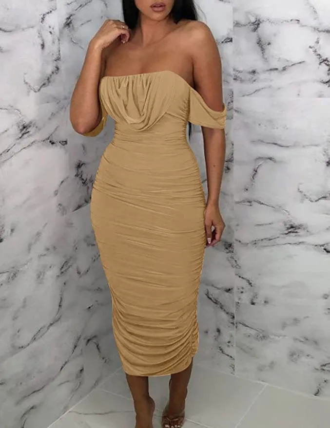 New HOCILLE Women's Sexy Ruched Bodycon Strapless Off Shoulder Midi Club Party Tube Dress in Khaki, lots of stretch, Sz L!
