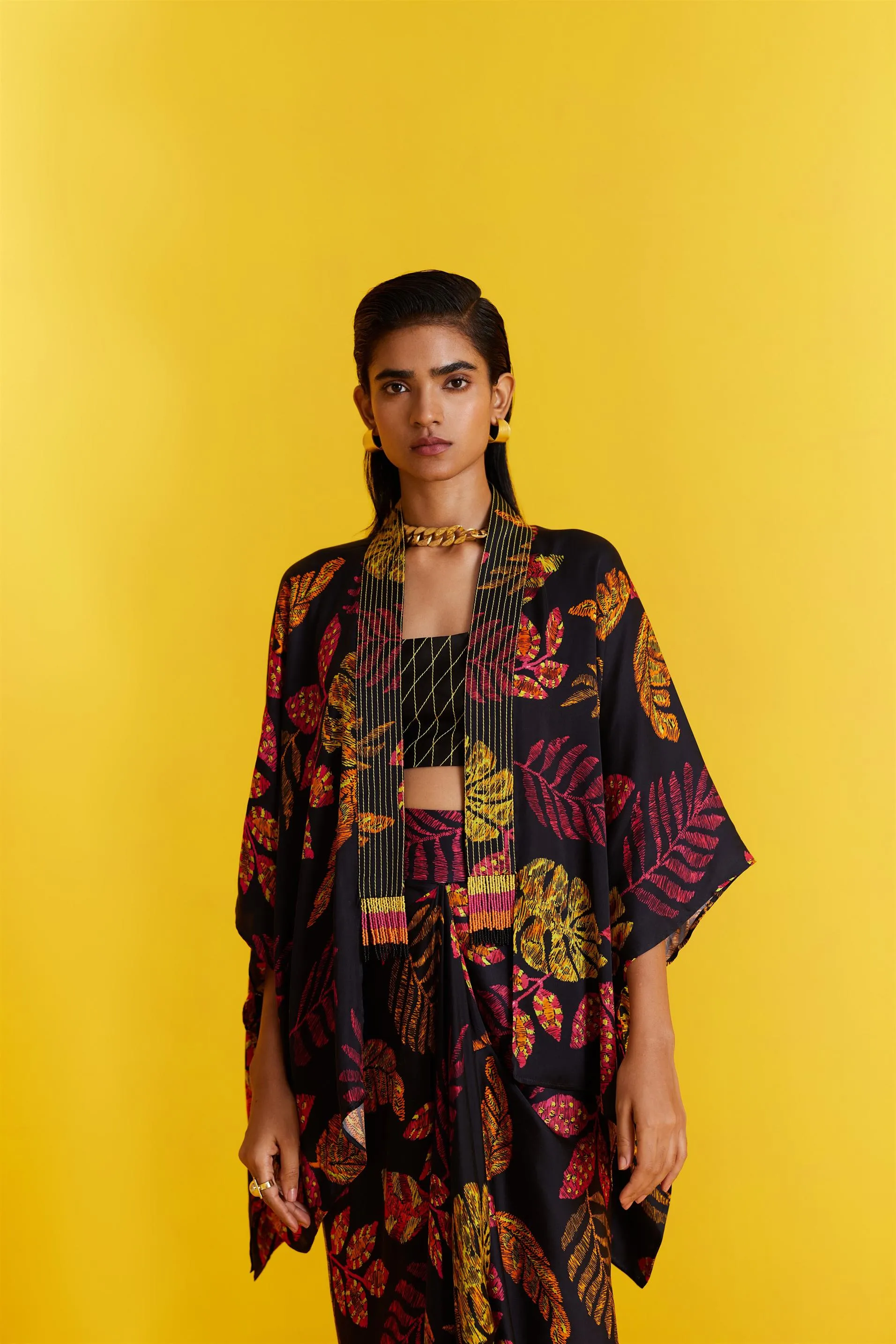 New Season Summer to Fall 2024-Cape Rainforest Vegan Silk Black Multi Color Print -Studio Rigu-Fashion Edit Amazonico