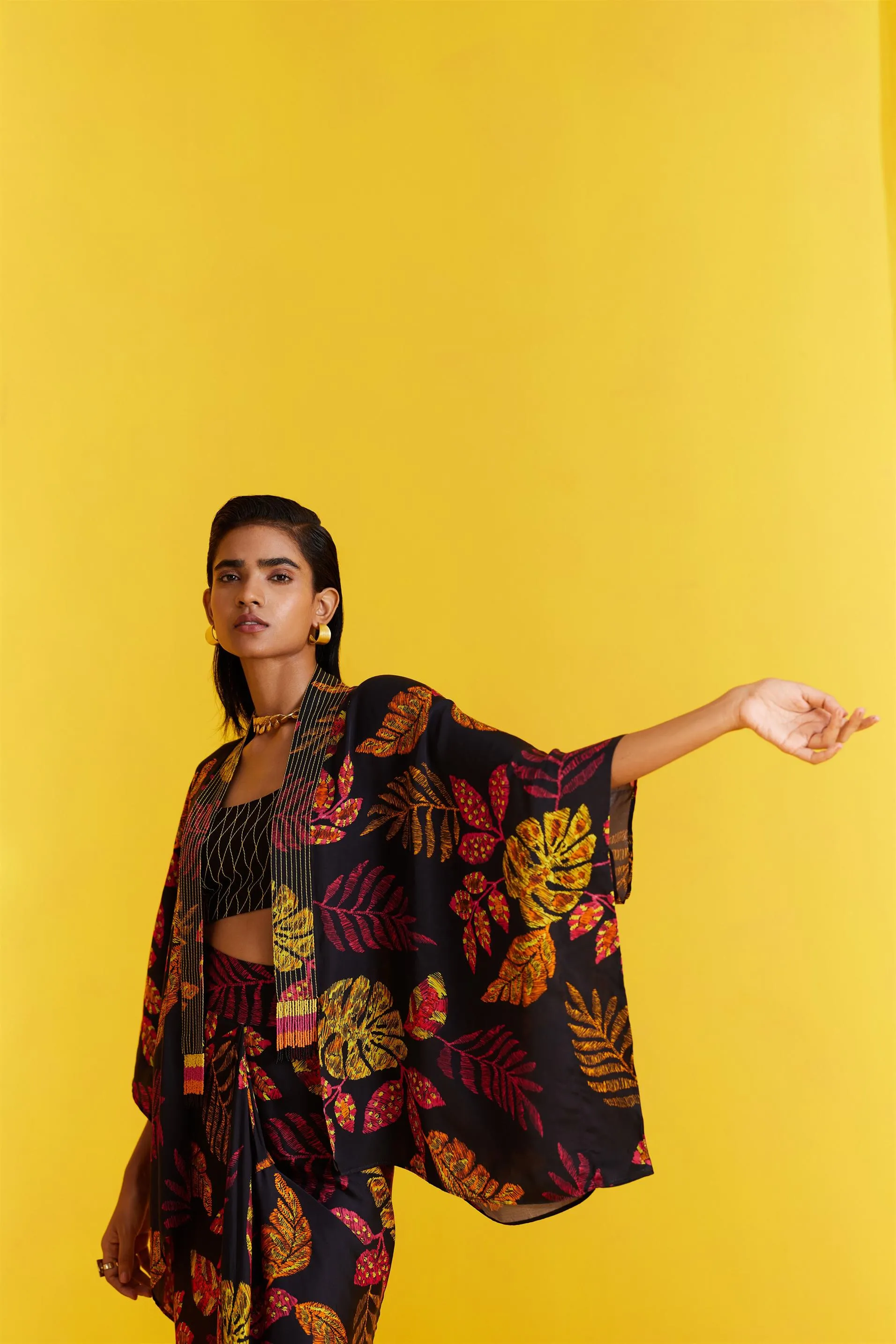 New Season Summer to Fall 2024-Cape Rainforest Vegan Silk Black Multi Color Print -Studio Rigu-Fashion Edit Amazonico