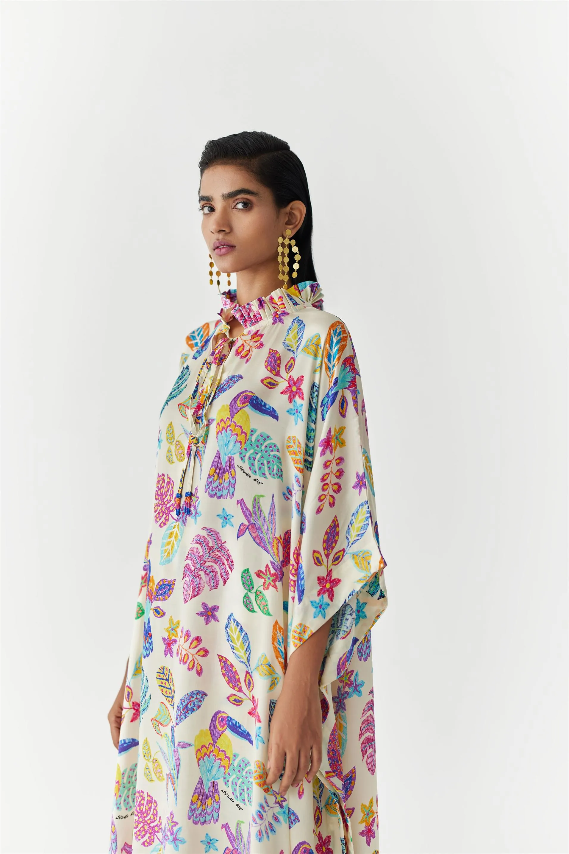 New Season Summer to Fall 2024-Co-ord Amazon Kimono Pants Vegan Silk Beige Multi Color Bird Print-Studio Rigu-Fashion Edit Amazonico