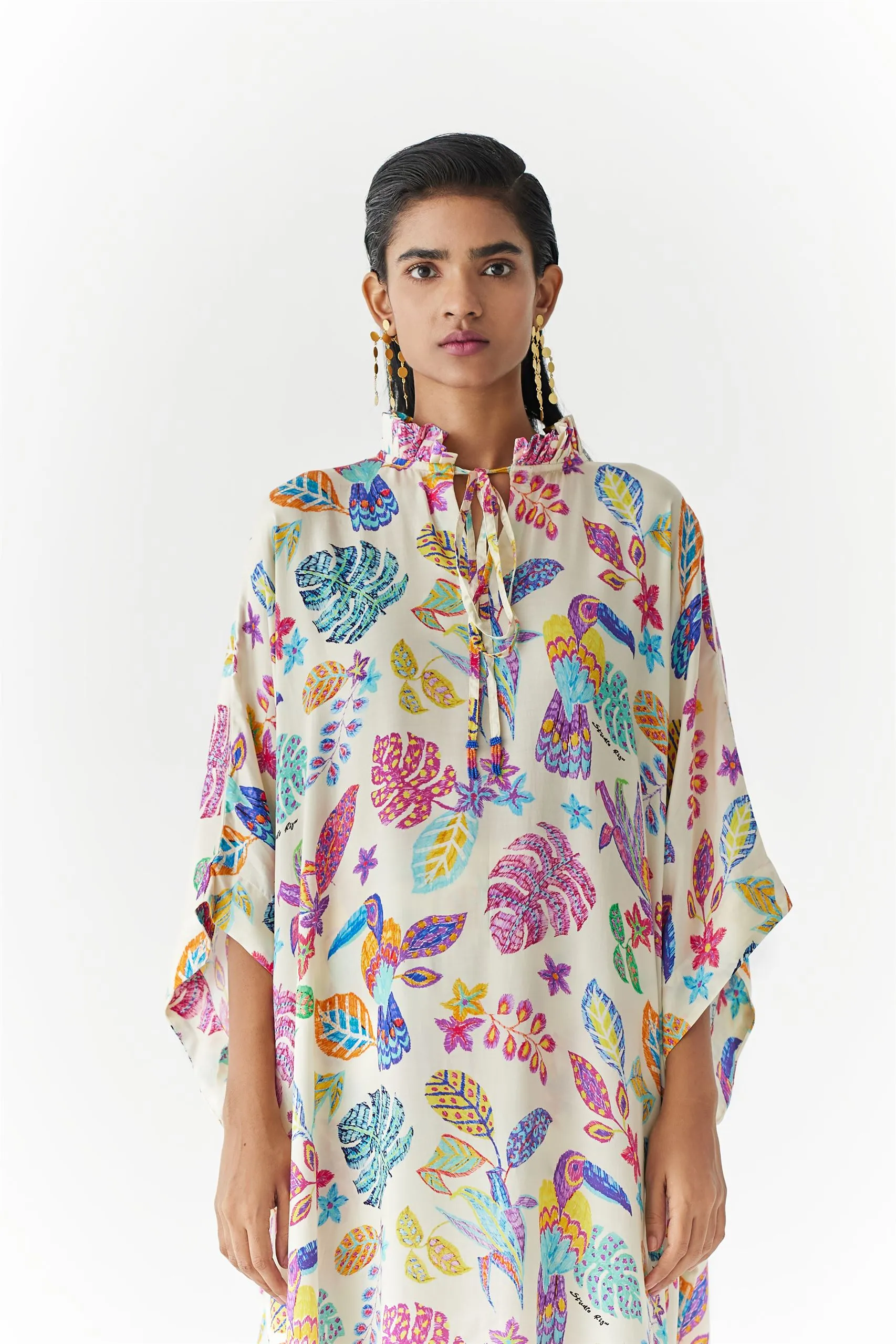 New Season Summer to Fall 2024-Co-ord Amazon Kimono Pants Vegan Silk Beige Multi Color Bird Print-Studio Rigu-Fashion Edit Amazonico
