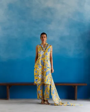 New Season Summer to Fall 2024-Co-ord Kurta Pants Vegan Silk yellow Blue Pinepple Print-Studio Rigu-Fashion Edit Amazonico