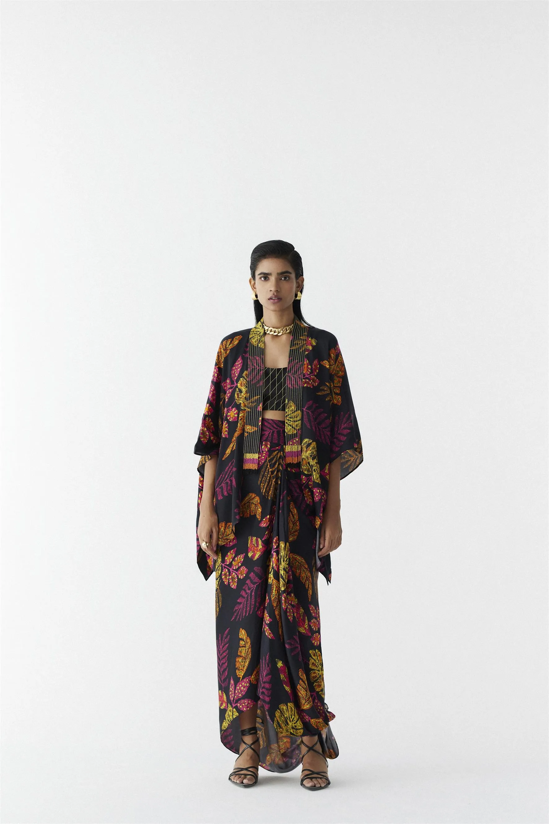 New Season Summer to Fall 2024-Co-ord Rain Forest Knot Style Skirt With Blouse Vegan Silk Black Multi Color Print -Studio Rigu-Fashion Edit Amazonico