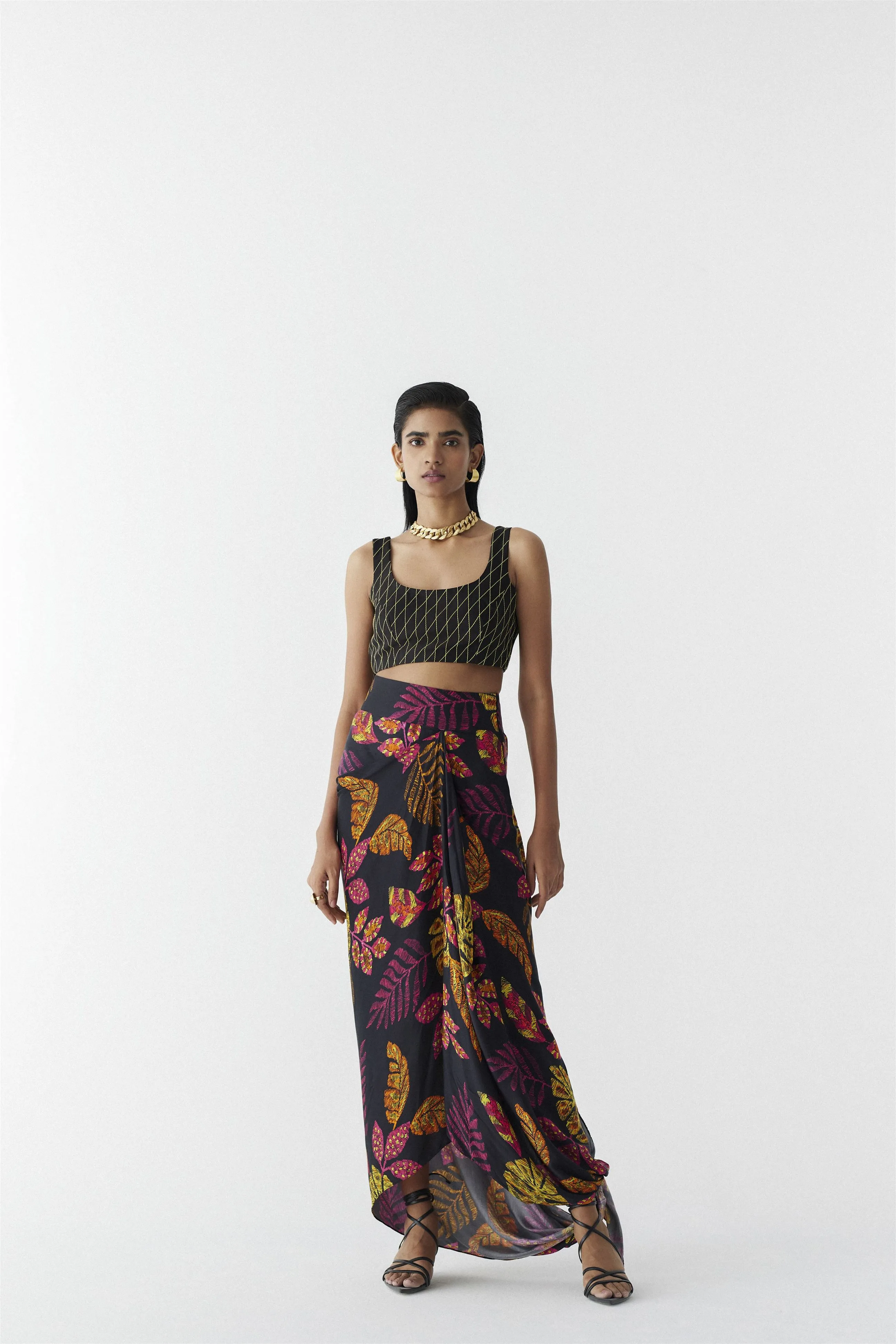 New Season Summer to Fall 2024-Co-ord Rain Forest Knot Style Skirt With Blouse Vegan Silk Black Multi Color Print -Studio Rigu-Fashion Edit Amazonico