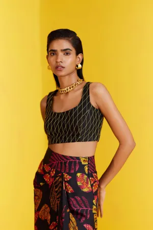 New Season Summer to Fall 2024-Co-ord Rain Forest Knot Style Skirt With Blouse Vegan Silk Black Multi Color Print -Studio Rigu-Fashion Edit Amazonico
