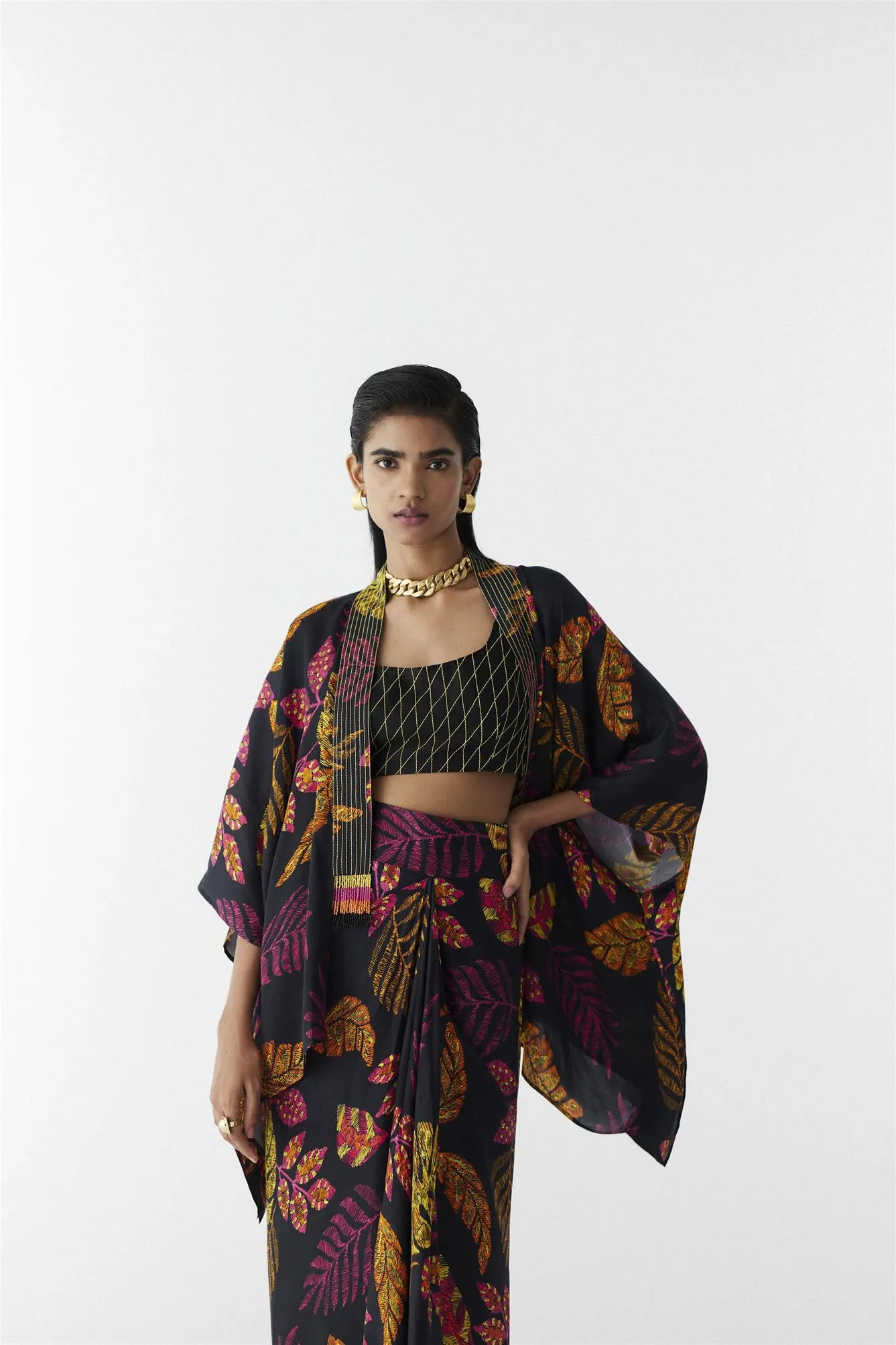 New Season Summer to Fall 2024-Co-ord Rain Forest Knot Style Skirt With Blouse Vegan Silk Black Multi Color Print -Studio Rigu-Fashion Edit Amazonico