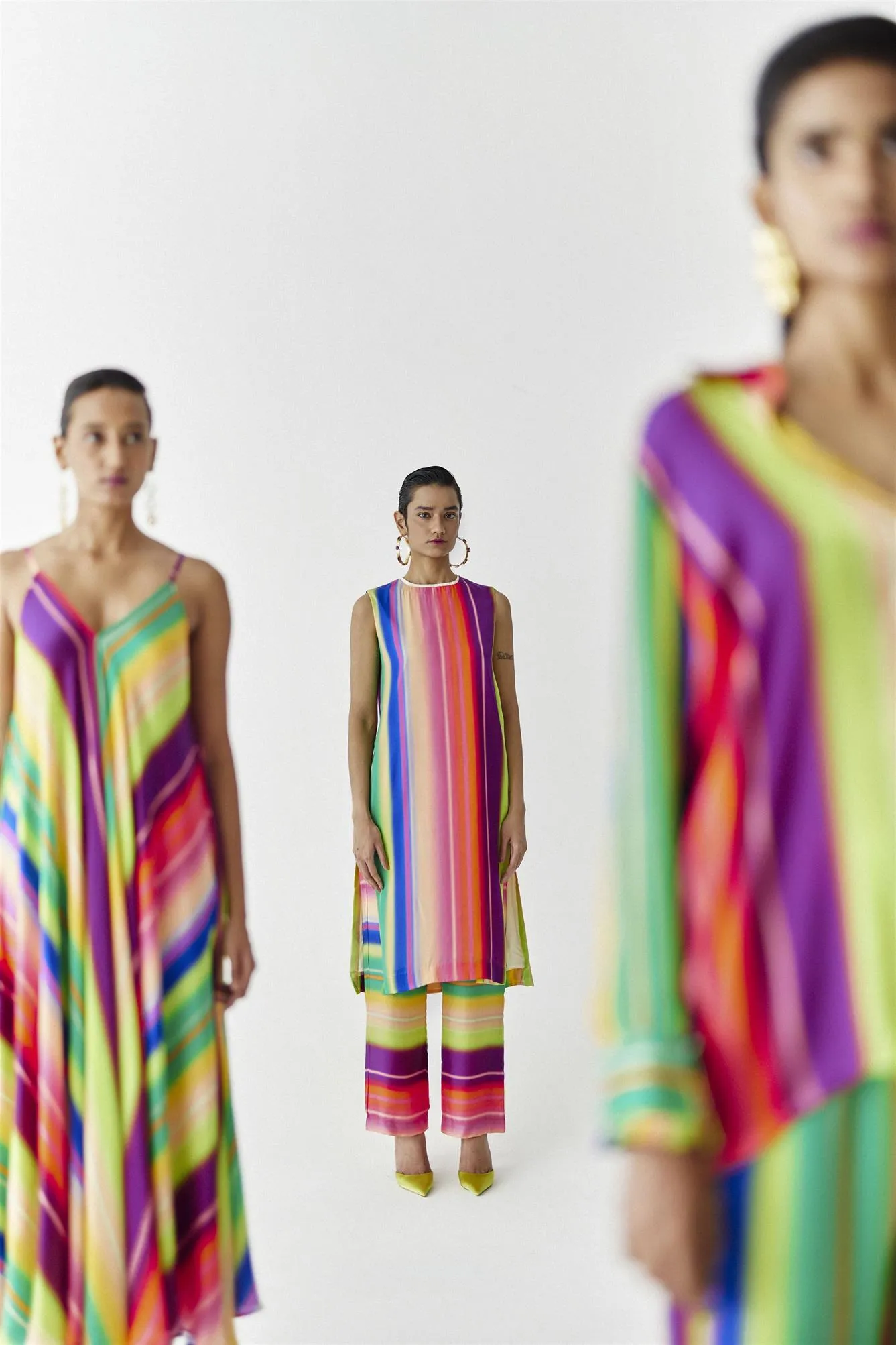 New Season Summer to Fall 2024-Co-ord Rainbow Kurta Pants Vegan Silk Multi Color Stirpe Print -Studio Rigu-Fashion Edit Amazonico