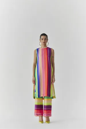New Season Summer to Fall 2024-Co-ord Rainbow Kurta Pants Vegan Silk Multi Color Stirpe Print -Studio Rigu-Fashion Edit Amazonico