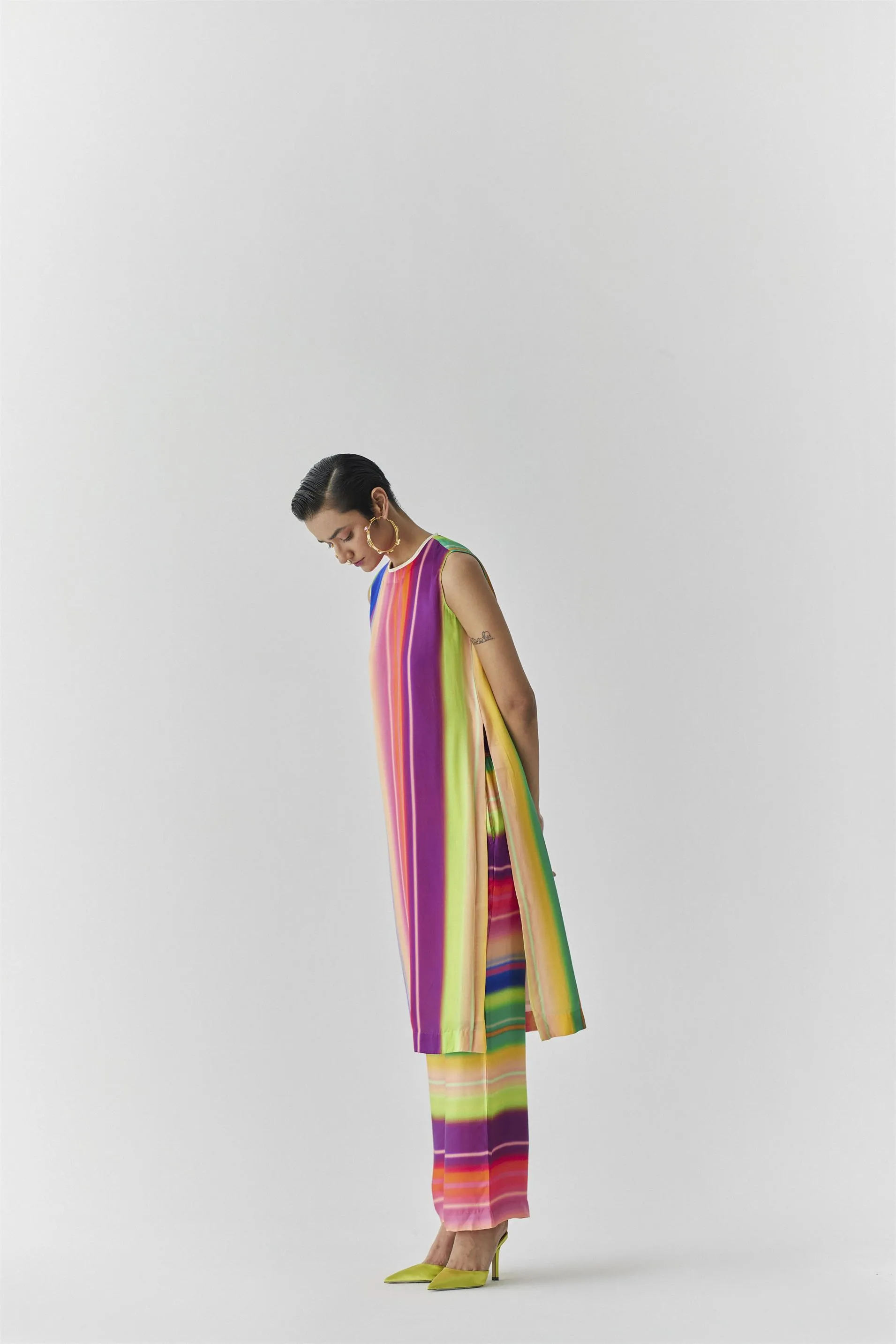 New Season Summer to Fall 2024-Co-ord Rainbow Kurta Pants Vegan Silk Multi Color Stirpe Print -Studio Rigu-Fashion Edit Amazonico