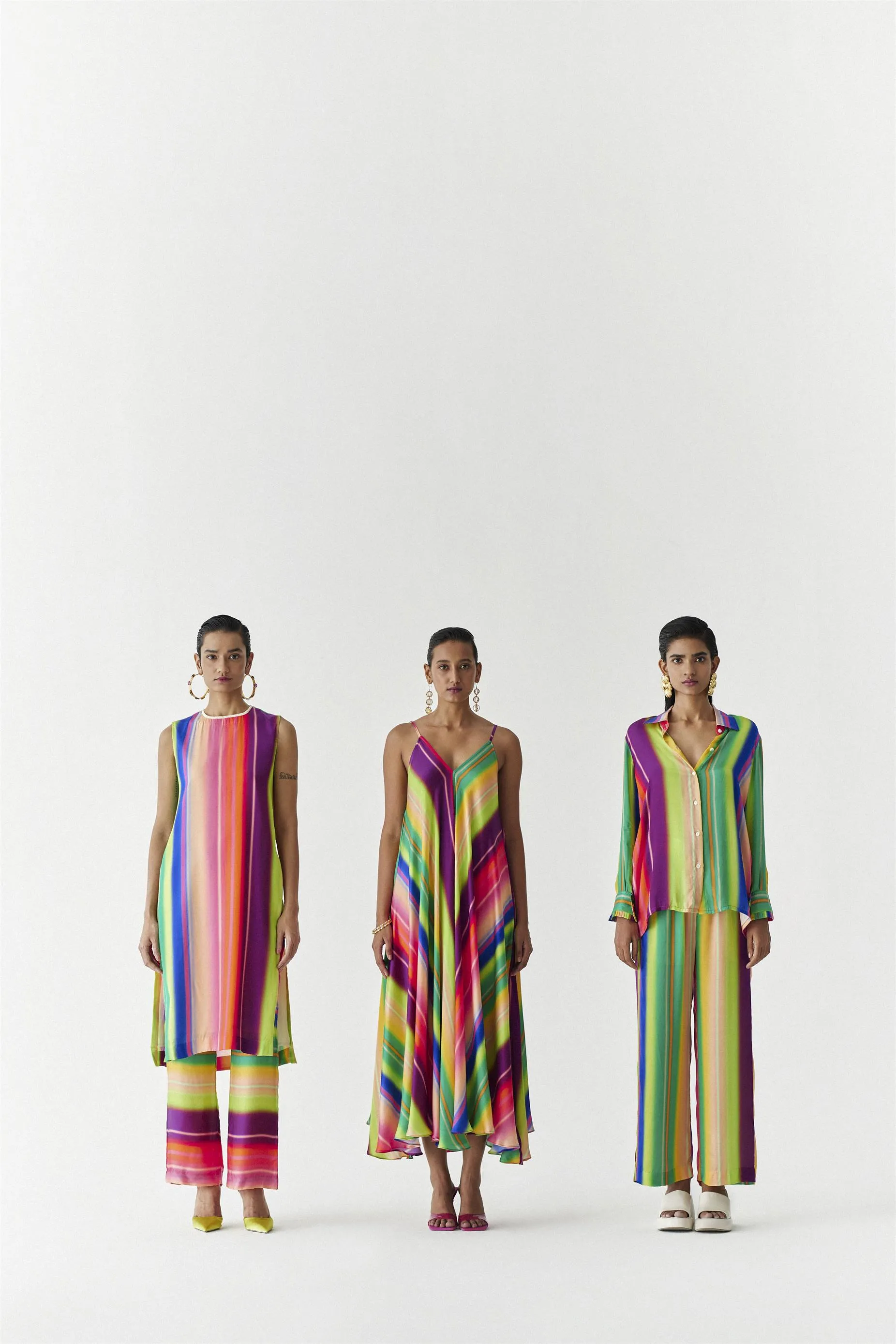 New Season Summer to Fall 2024-Co-ord Rainbow Kurta Pants Vegan Silk Multi Color Stirpe Print -Studio Rigu-Fashion Edit Amazonico