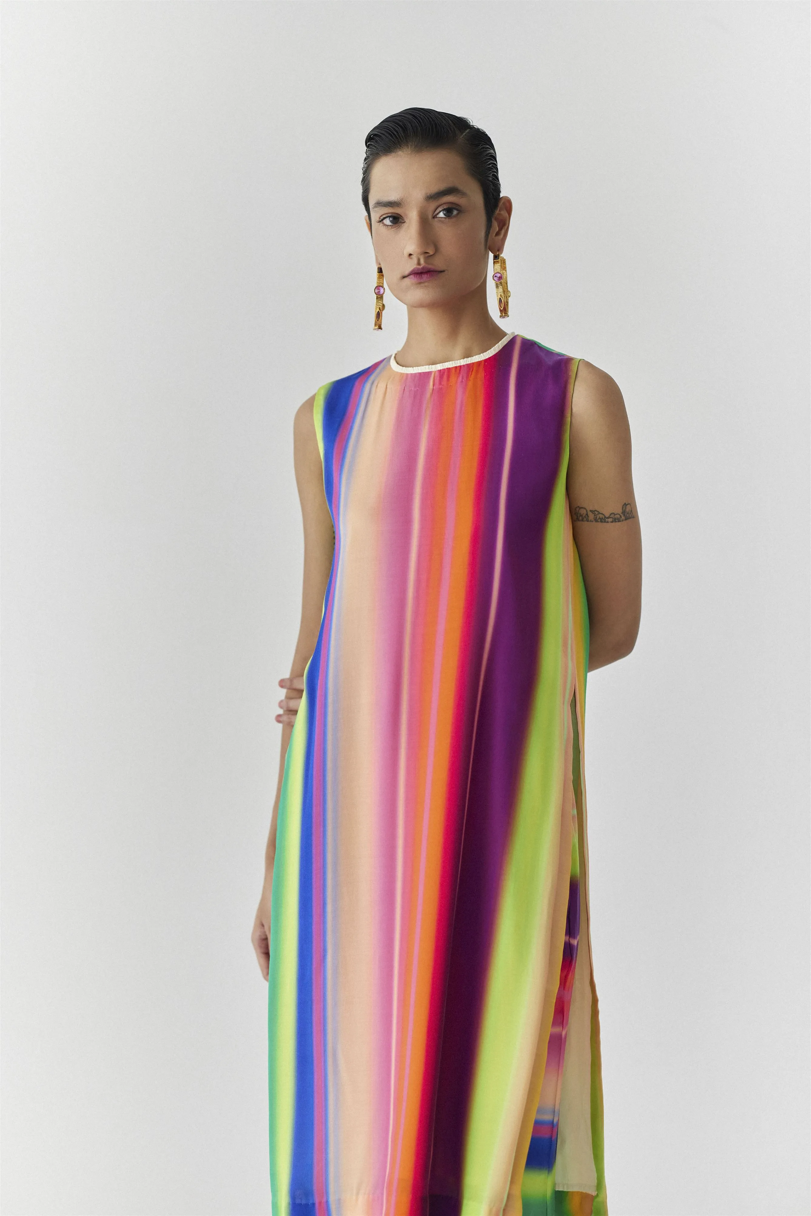 New Season Summer to Fall 2024-Co-ord Rainbow Kurta Pants Vegan Silk Multi Color Stirpe Print -Studio Rigu-Fashion Edit Amazonico