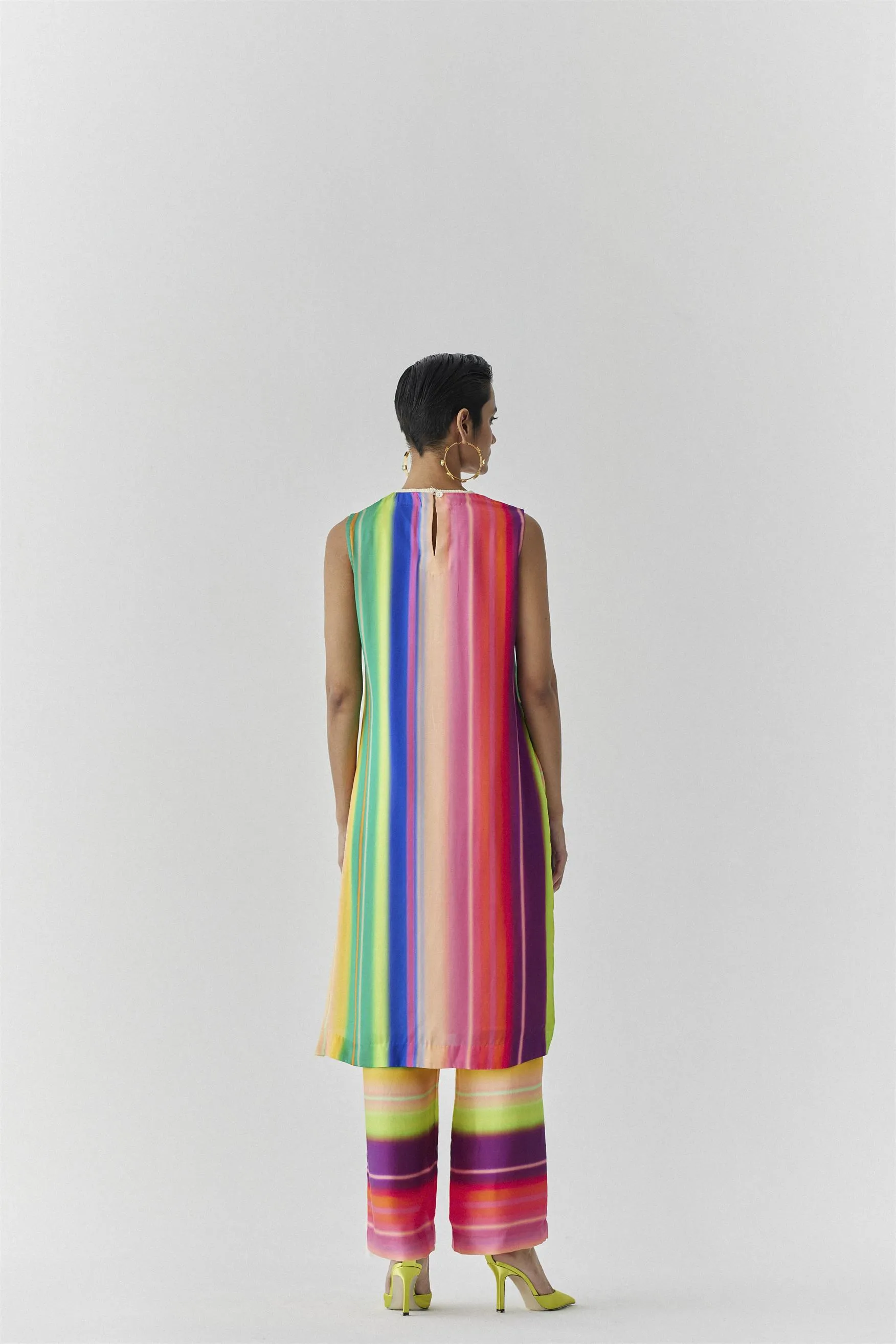New Season Summer to Fall 2024-Co-ord Rainbow Kurta Pants Vegan Silk Multi Color Stirpe Print -Studio Rigu-Fashion Edit Amazonico