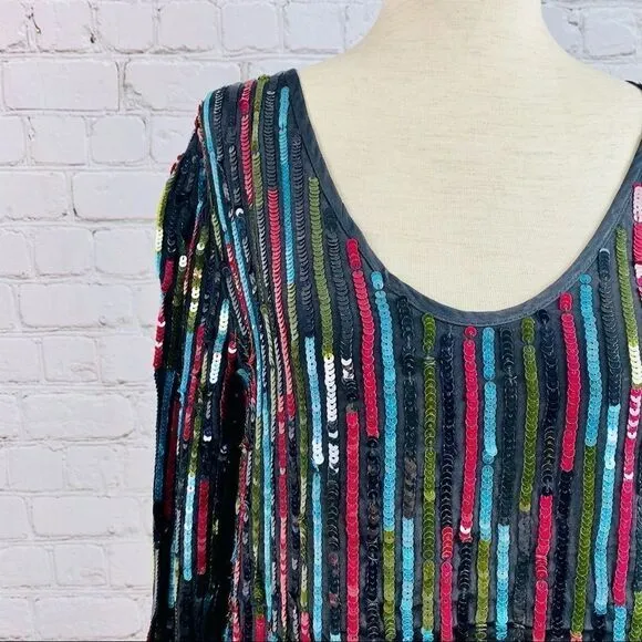 NEW! Anthro Elisa Rainbow Sequin Vertical Striped Shirt Dress