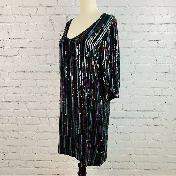 NEW! Anthro Elisa Rainbow Sequin Vertical Striped Shirt Dress