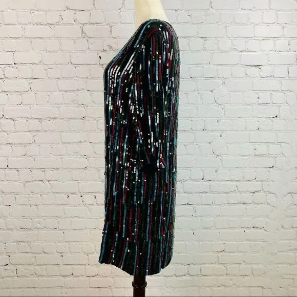 NEW! Anthro Elisa Rainbow Sequin Vertical Striped Shirt Dress