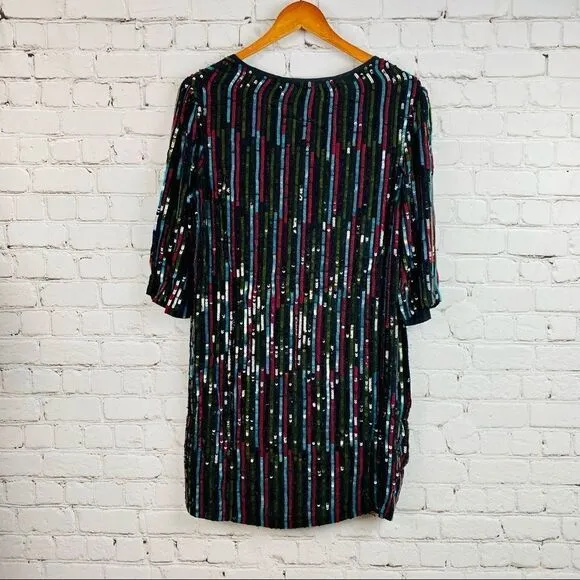 NEW! Anthro Elisa Rainbow Sequin Vertical Striped Shirt Dress
