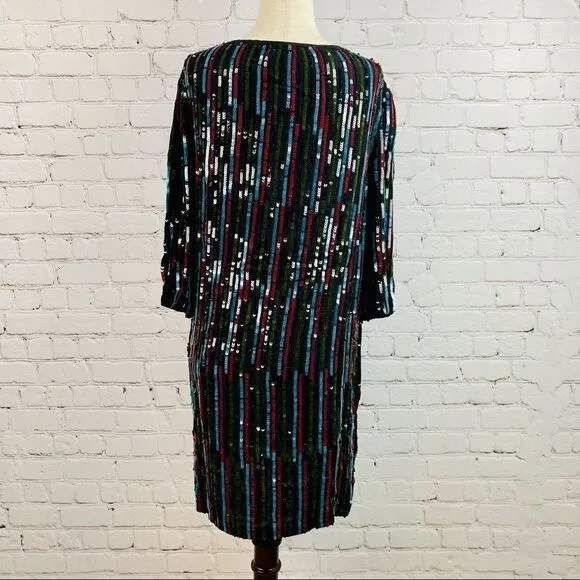 NEW! Anthro Elisa Rainbow Sequin Vertical Striped Shirt Dress