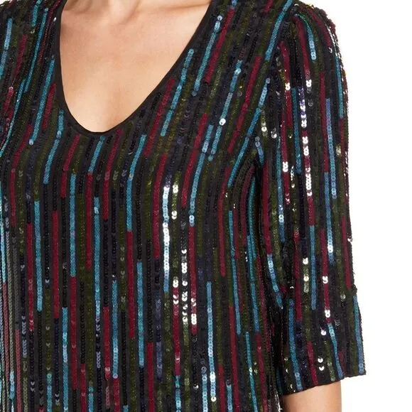 NEW! Anthro Elisa Rainbow Sequin Vertical Striped Shirt Dress
