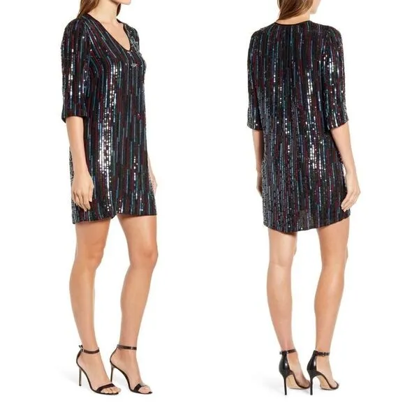 NEW! Anthro Elisa Rainbow Sequin Vertical Striped Shirt Dress