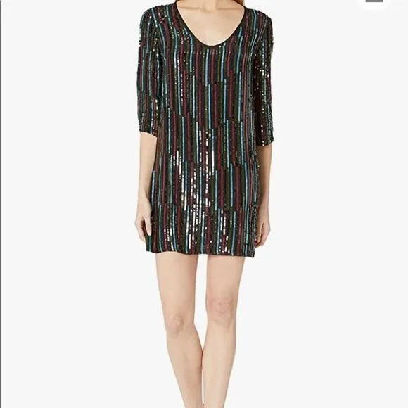NEW! Anthro Elisa Rainbow Sequin Vertical Striped Shirt Dress