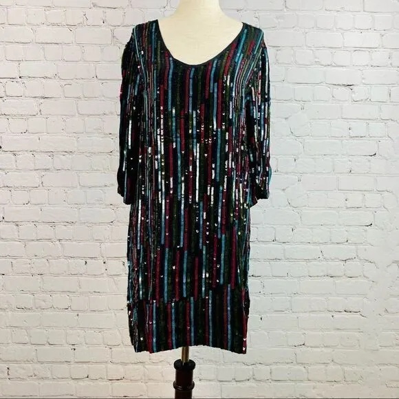 NEW! Anthro Elisa Rainbow Sequin Vertical Striped Shirt Dress