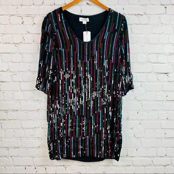 NEW! Anthro Elisa Rainbow Sequin Vertical Striped Shirt Dress
