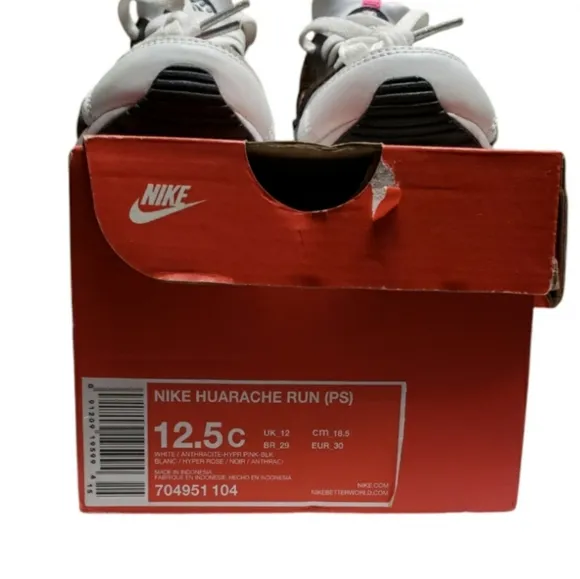 Nike Girl Huarache Run (PS) White Pink Black Running Shoes 704951 104 Size 12.5C